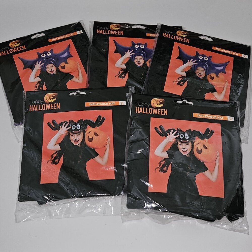 NEW 5 Happy Halloween Child Inflatable Hats Black Spider Purple Bat Lot Costume